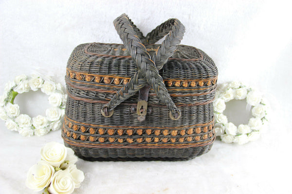 Antique Victorian Basket carry picknick with Handles marked Van Oye bruxelles