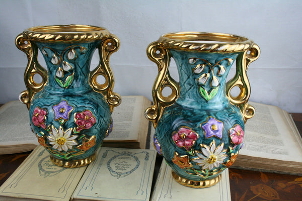 PAIR Flemish art nouveau pottery Ceramic vases marked 1900 Multi coloured