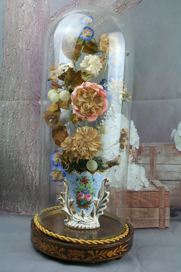 Exclusive rare Vieux paris porcelain Vase with silk flower deco glass globe NO2