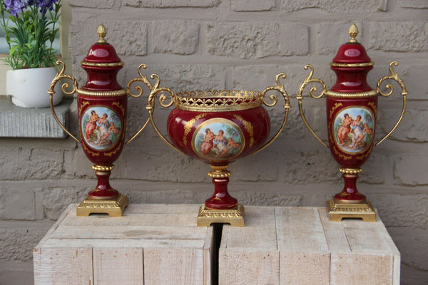 SET French Red porcelain centerpiece Bowl Vases romantic victorian putti scene