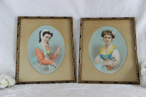 PAIR French ART NOUVEAU 1900 Watercolour painting Lady portrait Framed