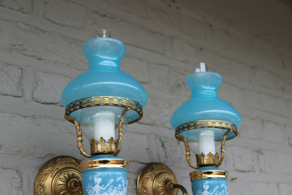 PAIR French vintage opaline Blue glass  turquoise Wall lights sconces romantic