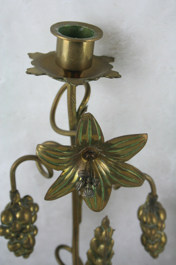 Religious brass candleholder fruits 1920 French antique