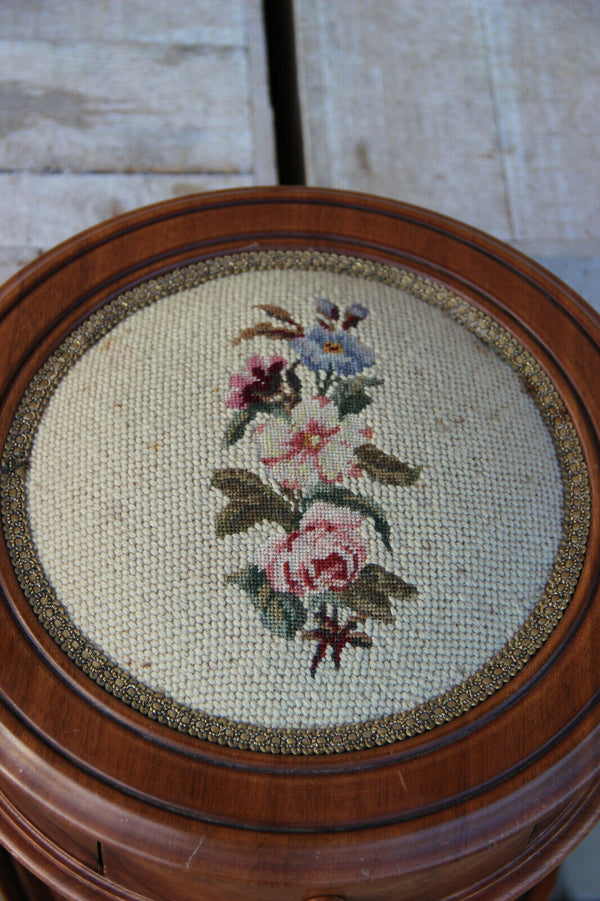 Stunning Vintage wood French Sewing Table stand needlepoint Floral top Drawer