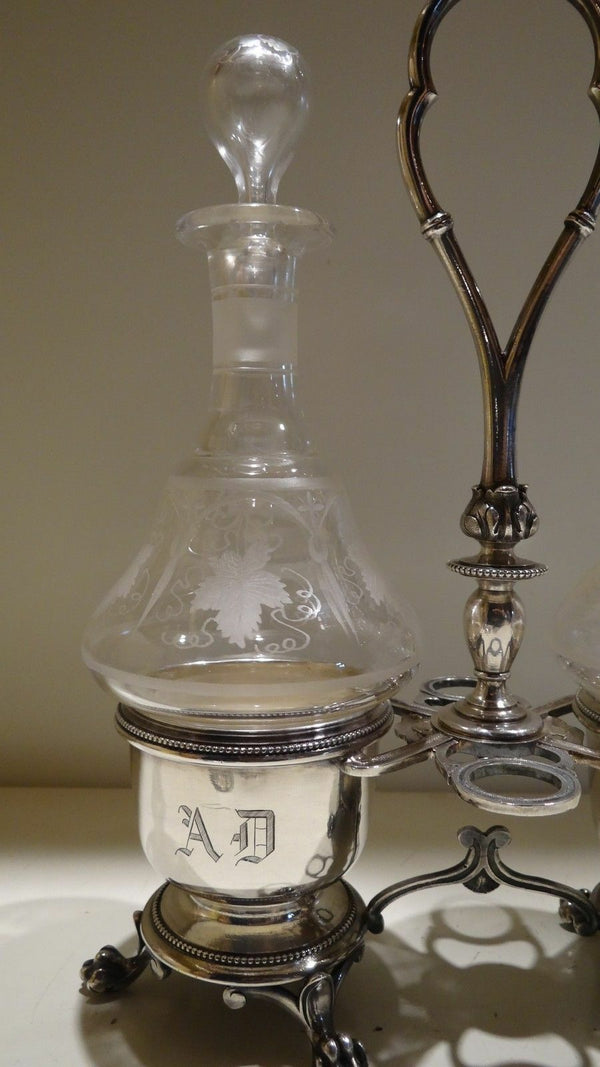 Antique XIX English silver metal crystal glass engraved oil vinegar cruet stand