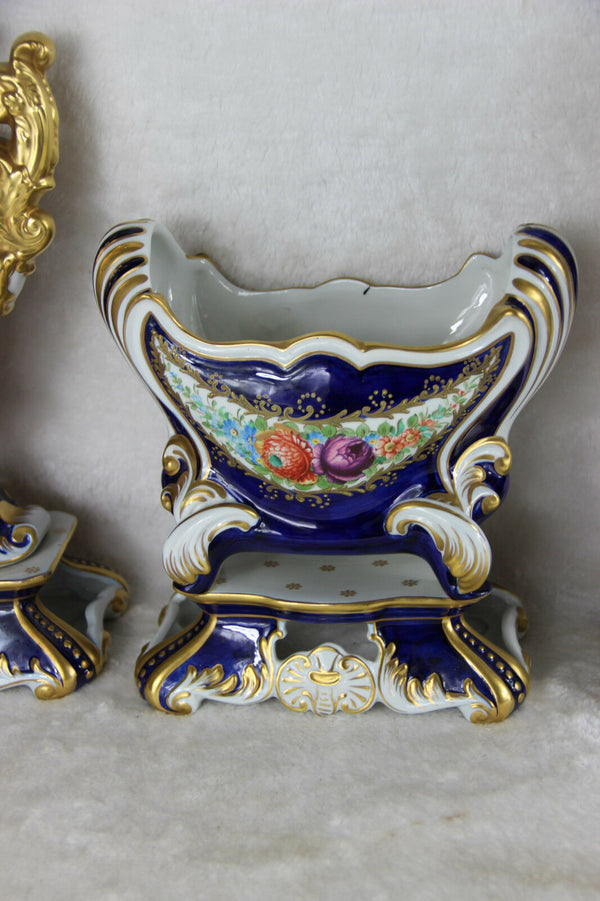 XL French Vases Centerpiece set in Sevres porcelain Floral decor marked 1950's