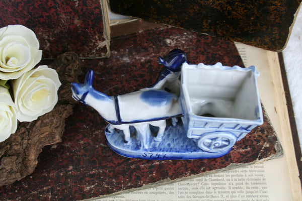 Cute Dutch blue white porcelain delft farming lady horse marked 1960