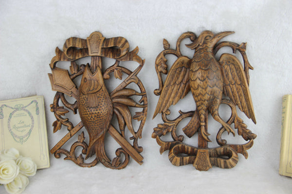 PAIR German black forest wood carved hunting trophy wall plaques 1950