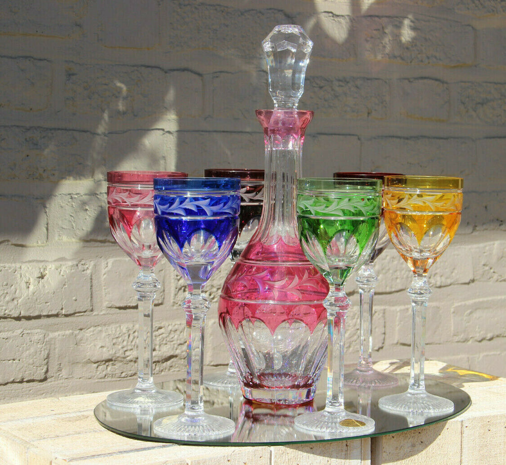 Vintage Bohemia Czech Crystal glass decanter glasses Set 1950
