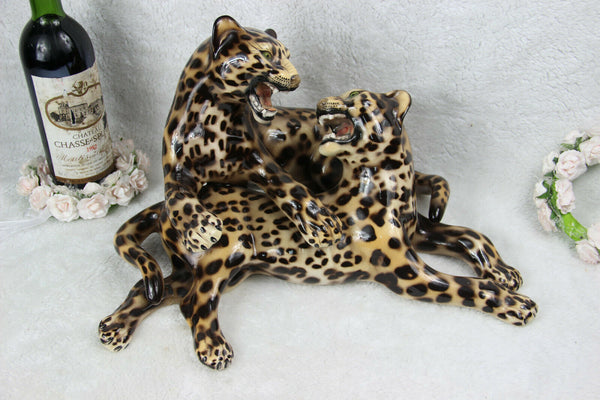 XL Italian mid century 1960 ronzan porcelain Panther leopard Group statue