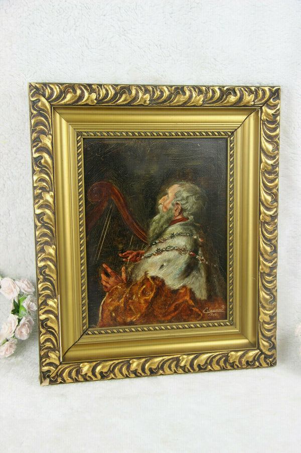 Antique oil panel painting religious theme king david playing harp after Rubens