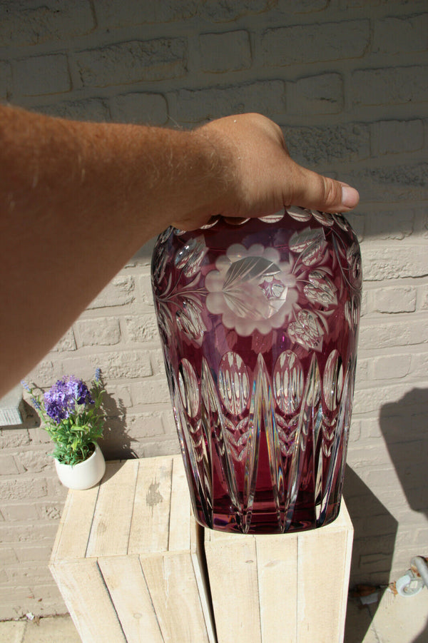 Vintage BOHEMIAN czech Crystal amethyst colour floral decor Galss Vase