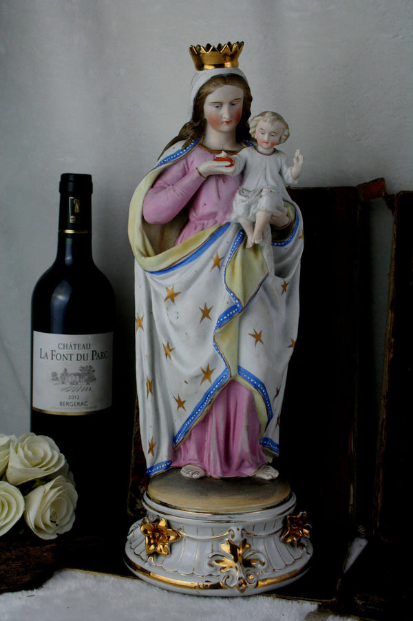 Large French porcelain bisque polychrome madonna child statue religious