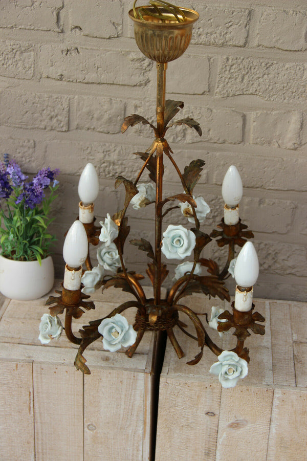 Vintage Metal gold gilt mid century Flower bouquet porcelain roses chandelier