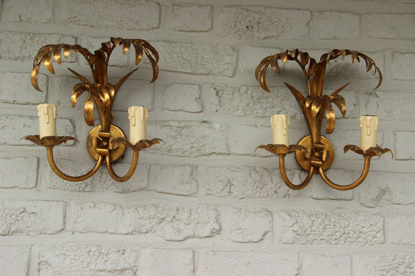 PAIR  1970 Palm tree metal gold gilt sconces wall lights attr Hans Kogl