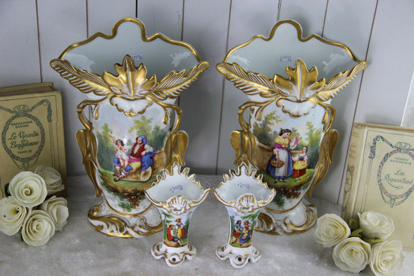 Stunning set Antique Vieux old paris porcelain Vases victorian lady portrait