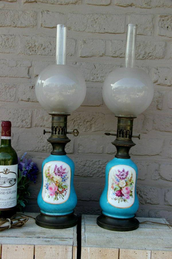 PAIR antique French vieux paris porcelain floral hand paint oil lamps electrifie