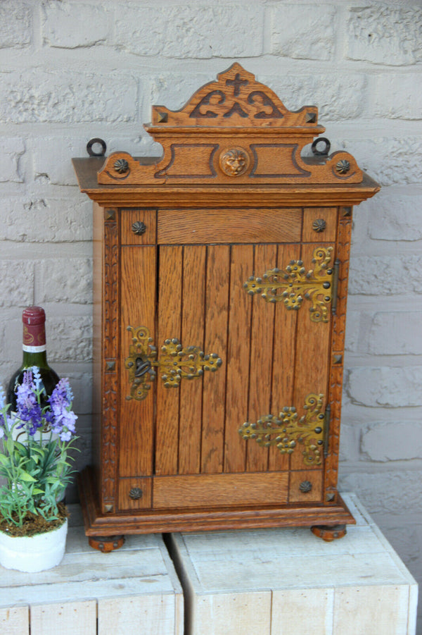 Antique german Wood carved Apothecary wall cabinet Lion head castle neo gothic