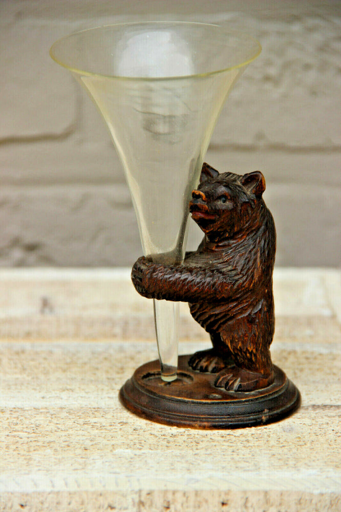 Antique hand Black forest wood carved swiss bear statue glass figurine