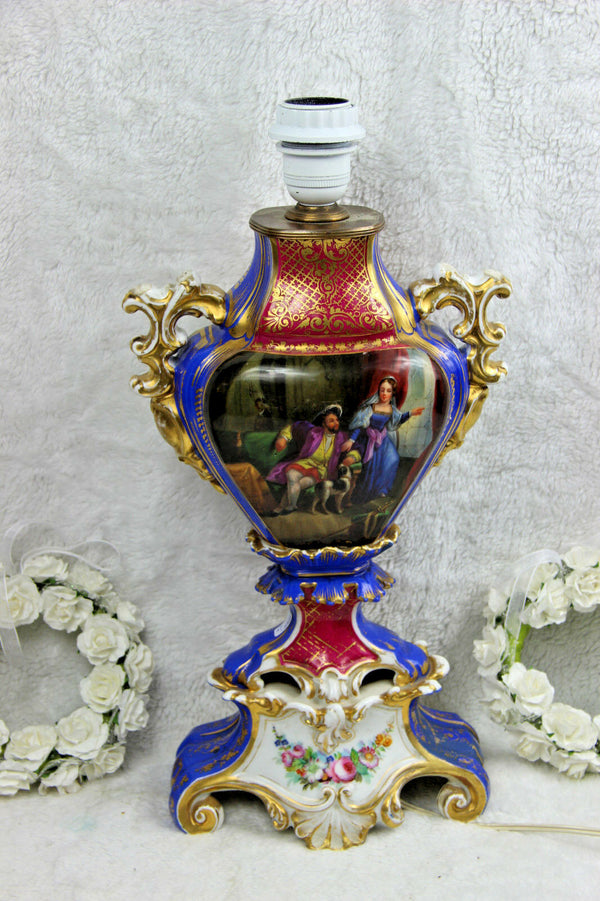 Antique French vieux old paris porcelain vase romantic dog scene floral Lamp