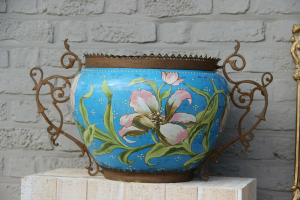 HUGE Antique Art nouveau ceramic barbotine enamel Planter jardiniere Floral