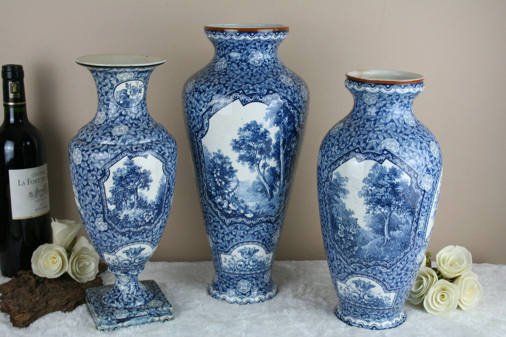 Set 3 Antique Royal bonn Blue white flamand decor nature theme Vases marked