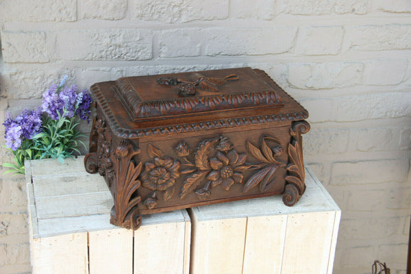 XL antique german Black forest wood carved floral Box