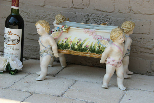 LARGE German Porcelain Jardiniere Planter Vase 4 putti angel figurines Vintage