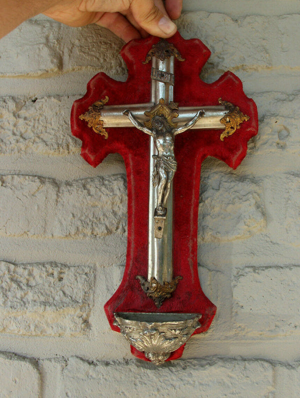 Antique French religious Crucifix cross christ red velvet