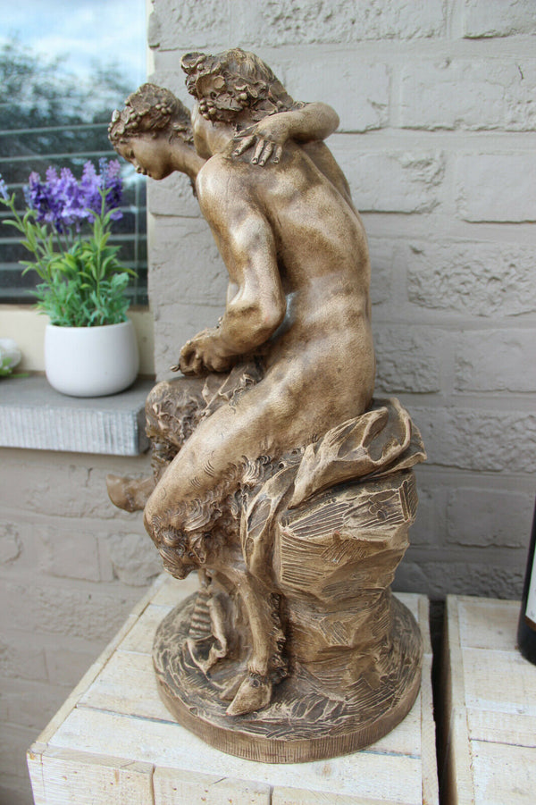 huge antique terracotta Faun Bacchus nymph Statue group after CLODION marked