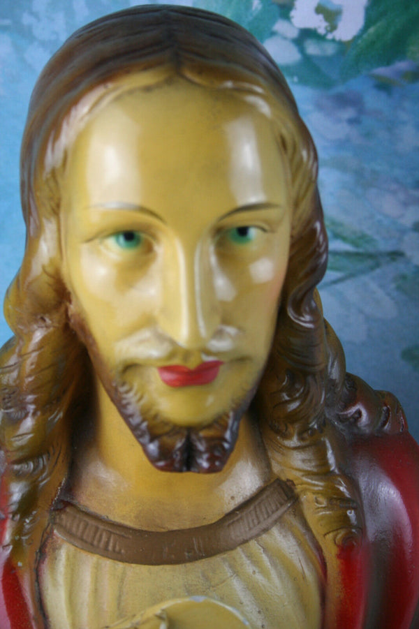 Antique plaster chalkware sacred heart Jesus christ Buste signed 1920's
