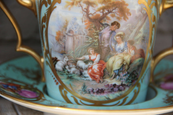 Antique French Porcelain marked sugar bowl pot Victorian romantic scene