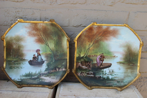 PAIR french porcelain Limoges romantic water scenes plates