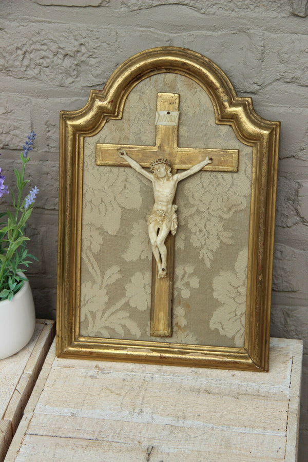 Antique French 19thc Religious crucifix christ framed cross