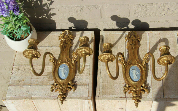 PAIR antique French brass Wall lights sconces Wedgwood porcelain plaques