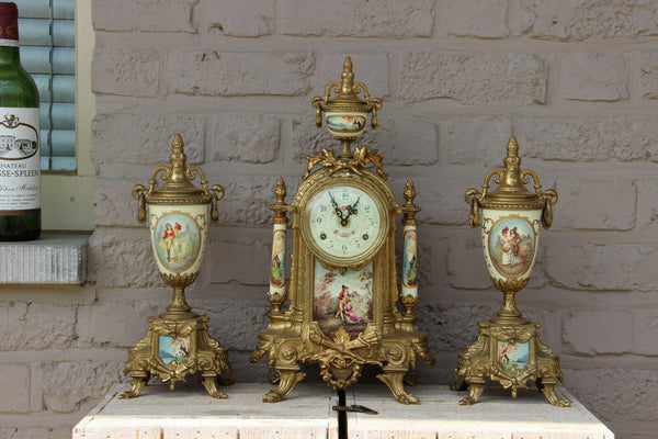 French Porcelain Clock set urns vases victorian romantic scenes