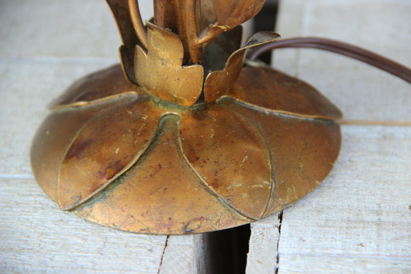 French metal gold gilt pink porcelain flower table lamp 1960