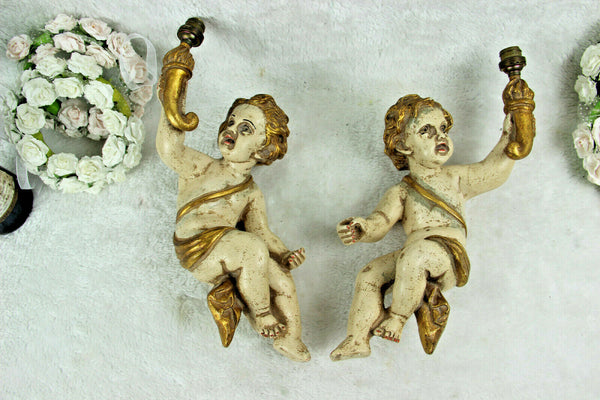 PAIR antique italian chalkware Angels putti cherubs wall lights sconces
