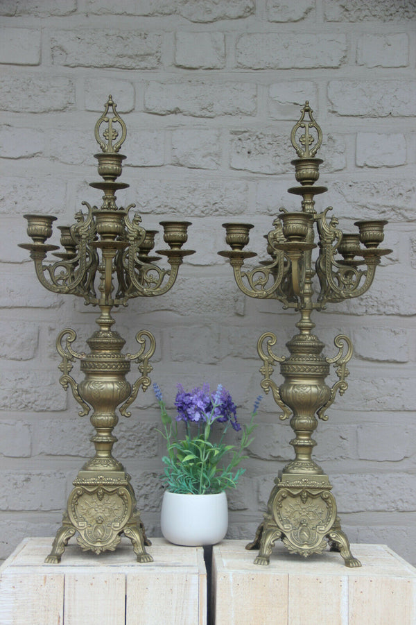 PAIR XL bronze castle gothic dragon figurines Candelabras candle holders