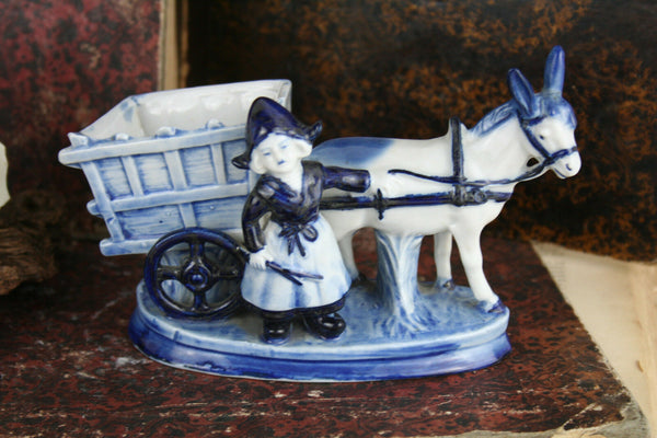 Cute Dutch blue white porcelain delft farming lady horse marked 1960