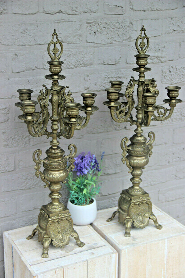 PAIR XL bronze castle gothic dragon figurines Candelabras candle holders
