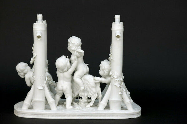 XL Antique French bisque porcelain neo classical putti cherubs ram group columns