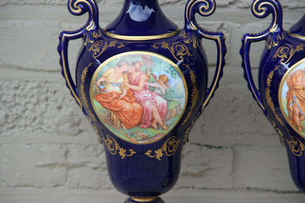 PAIR French Limoges blue porcelain romantic victorian scene Vases 1950