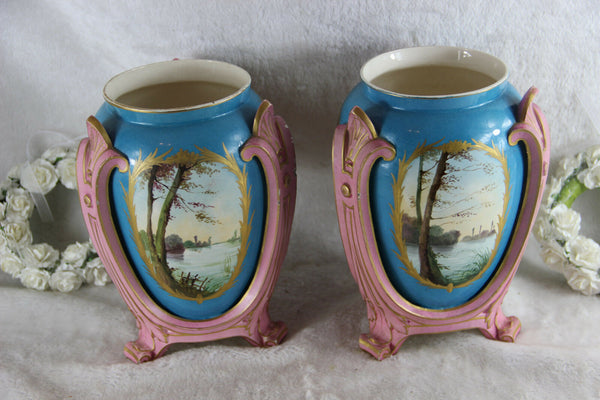 Pair antique French sevres porcelain vases romantic decor marked 19thc