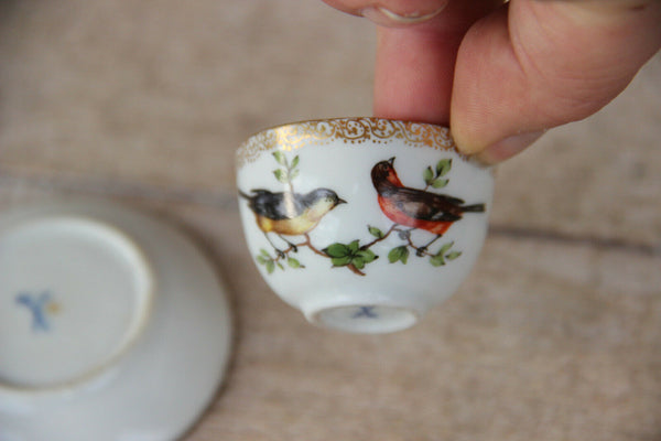 German mini blue crossed marked porcelain birds cup plate