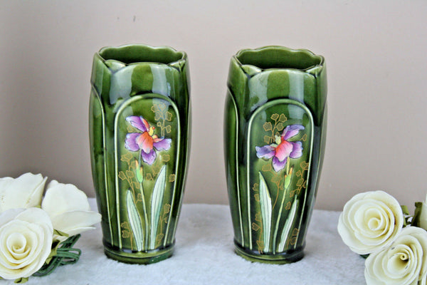 PAIR Art Nouveau vases polychrome floral decor iris fives lille pottery de bruyn