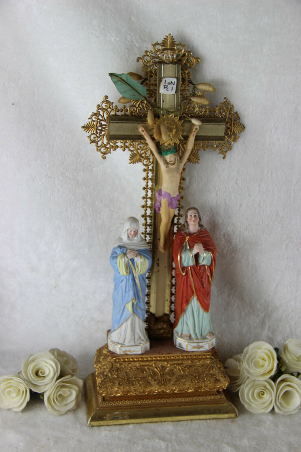 Antique French Crucifix porcelain figurines Calvary chalkware christ 1920's
