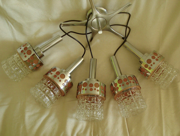 Retro 1970 Mid century Metal chrome Raak chandelier pendant orange colour