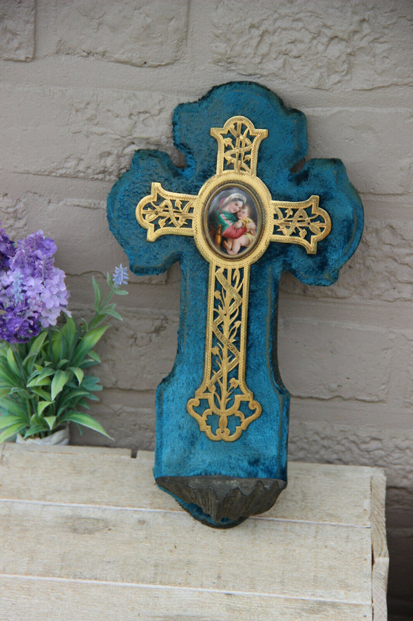 Antique French Holy water font crucifix porcelain medaillon madonna velvet