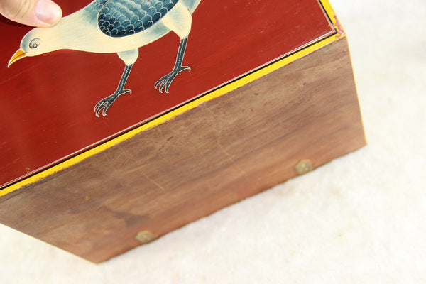 Rare French handmade paint birds Wood carved jewelry Box drawers inside 1970